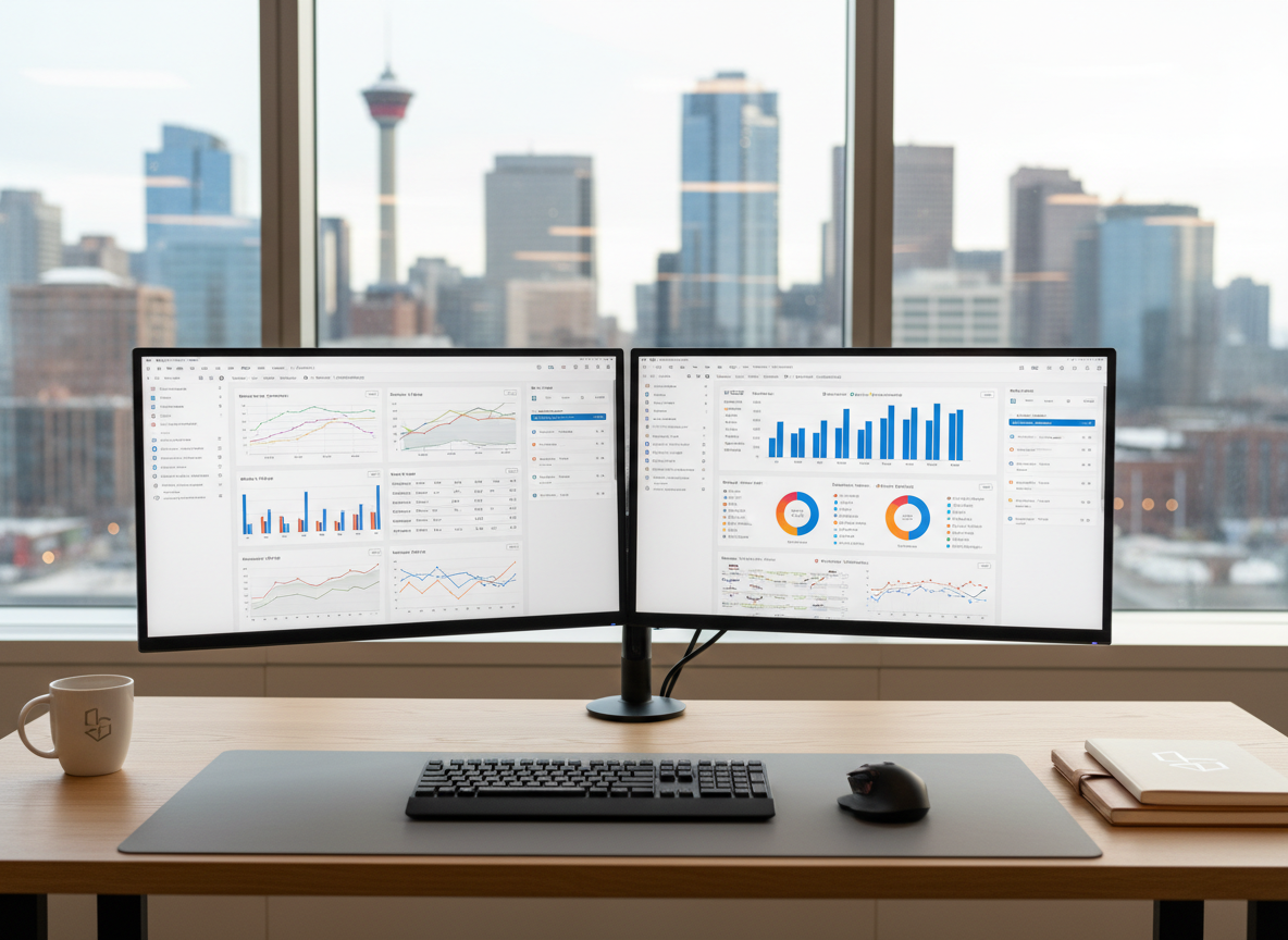 A sleek dual-monitor workstation displaying detailed analytics dashboards and social media ad performance graphs, arranged on a light oak desk with a matte black keyboard, wireless mouse, and a neatly stacked notebook branded with a subtle, modern logo. The setup is positioned near a large office window in a high-rise overlooking a blurred urban skyline of Calgary. Soft, diffused daylight pours in, creating gentle reflections on the glass monitor screens and a clean, professional ambiance. Shot at eye level with a shallow depth of field, the screens are in sharp photographic focus while the background falls into a smooth bokeh. The mood is organized, data-driven, and confidently professional, with a clean, modern, photographic realism ideal for a digital marketing and lead generation agency homepage hero image.