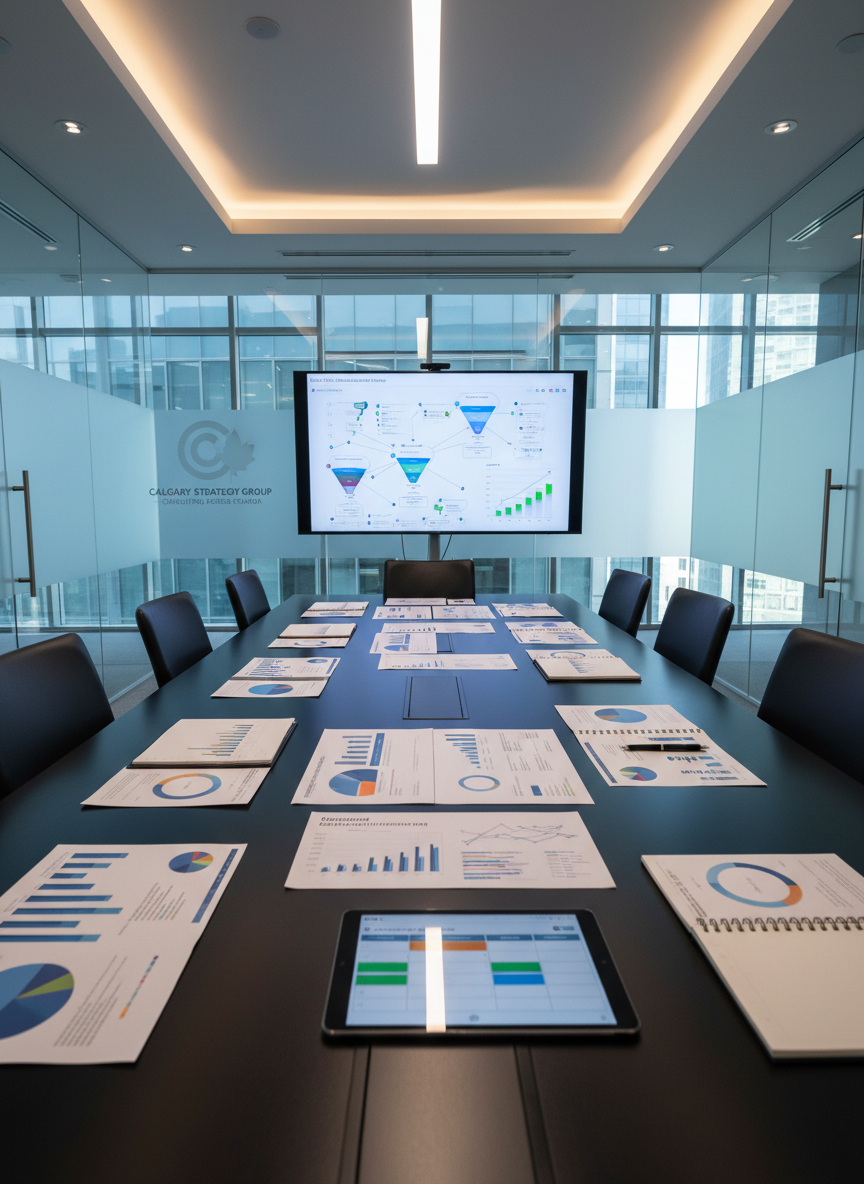 A wide, cinematic shot of a contemporary glass-walled meeting room with a long matte-black conference table covered in carefully arranged digital marketing materials: printed campaign reports, color-coded charts, and a tablet showing a social media content calendar. At the far end, a large wall-mounted screen displays a multi-channel lead generation dashboard with clear metrics and growth curves. Cool daylight streams through the glass walls, balanced by subtle recessed ceiling lighting, casting defined yet soft-edged shadows across the table surface. The camera is positioned at table height with deep photographic focus, emphasizing the alignment of materials and the sharp clarity of the digital display. The mood is collaborative, strategic, and high-end corporate, reinforcing the professionalism of a Calgary-based consulting group serving clients across Canada.