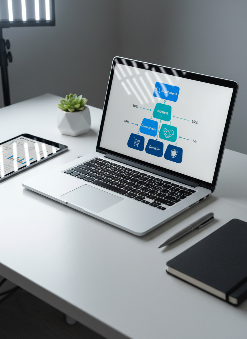 A close-up of a high-end laptop on a minimalist white desk, its screen showing a structured lead funnel diagram with arrows, icons, and conversion rate percentages in vibrant blues and teals. Surrounding the laptop are neatly arranged elements: a slim tablet showing Meta Ads manager, a metallic pen aligned beside a dark grey notebook, and a small geometric planter with a green succulent. Overhead, cool-toned studio lighting creates crisp reflections on the laptop’s brushed aluminum surface and casts subtle, controlled shadows. Captured from a slightly elevated three-quarter angle, the composition follows the rule of thirds, leaving negative space for copy on one side. The mood is strategic and precise, conveying AI-powered marketing sophistication with clean, modern photographic realism.